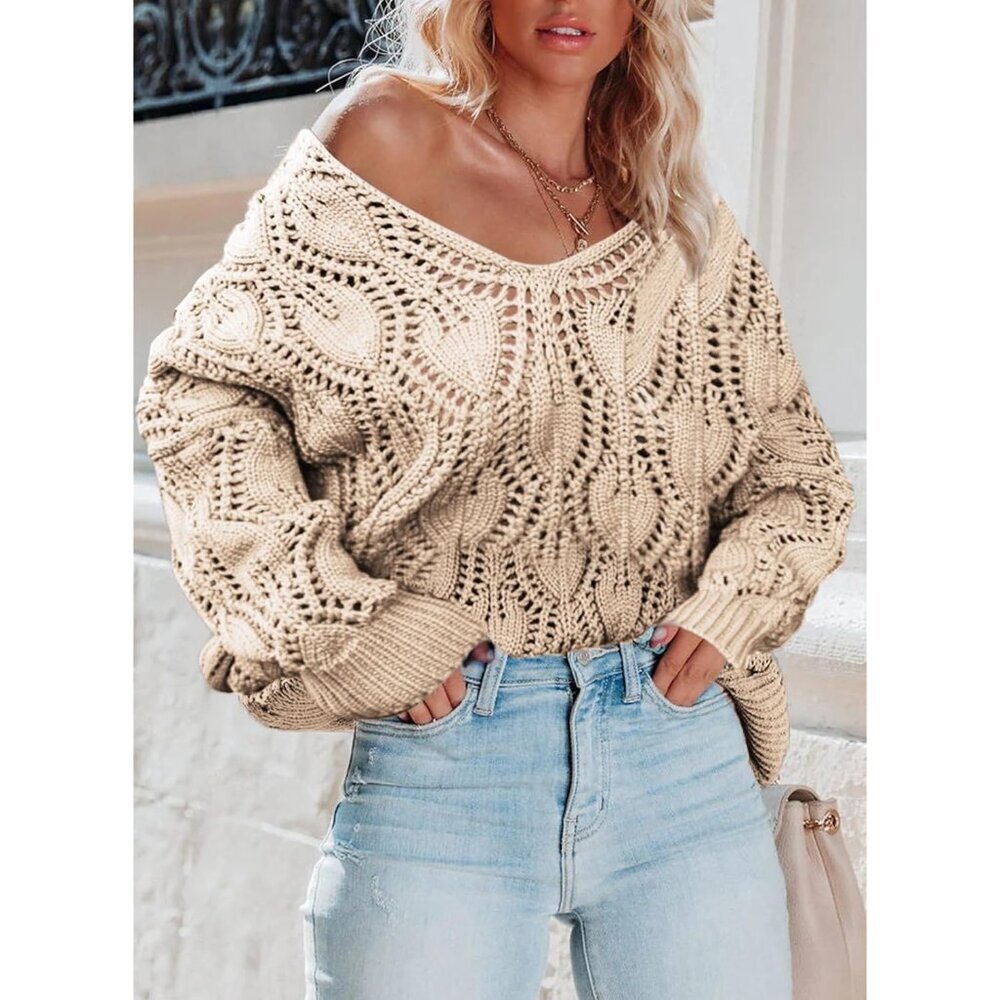 Women's Crochet V Neck Sweater Small Fall Winter Casual Pullover - Picture 5 of 5